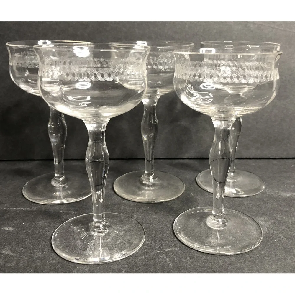 Franciscan Tiffin NEEDLE ETCH Optic Panels Brandy Whisky Glasses 1920s Set of 5